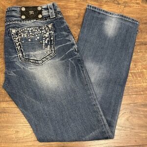 Miss Me Jeans Womens 29 Blue Mid Rise Easy Boot Embellished Distressed JE5457ER